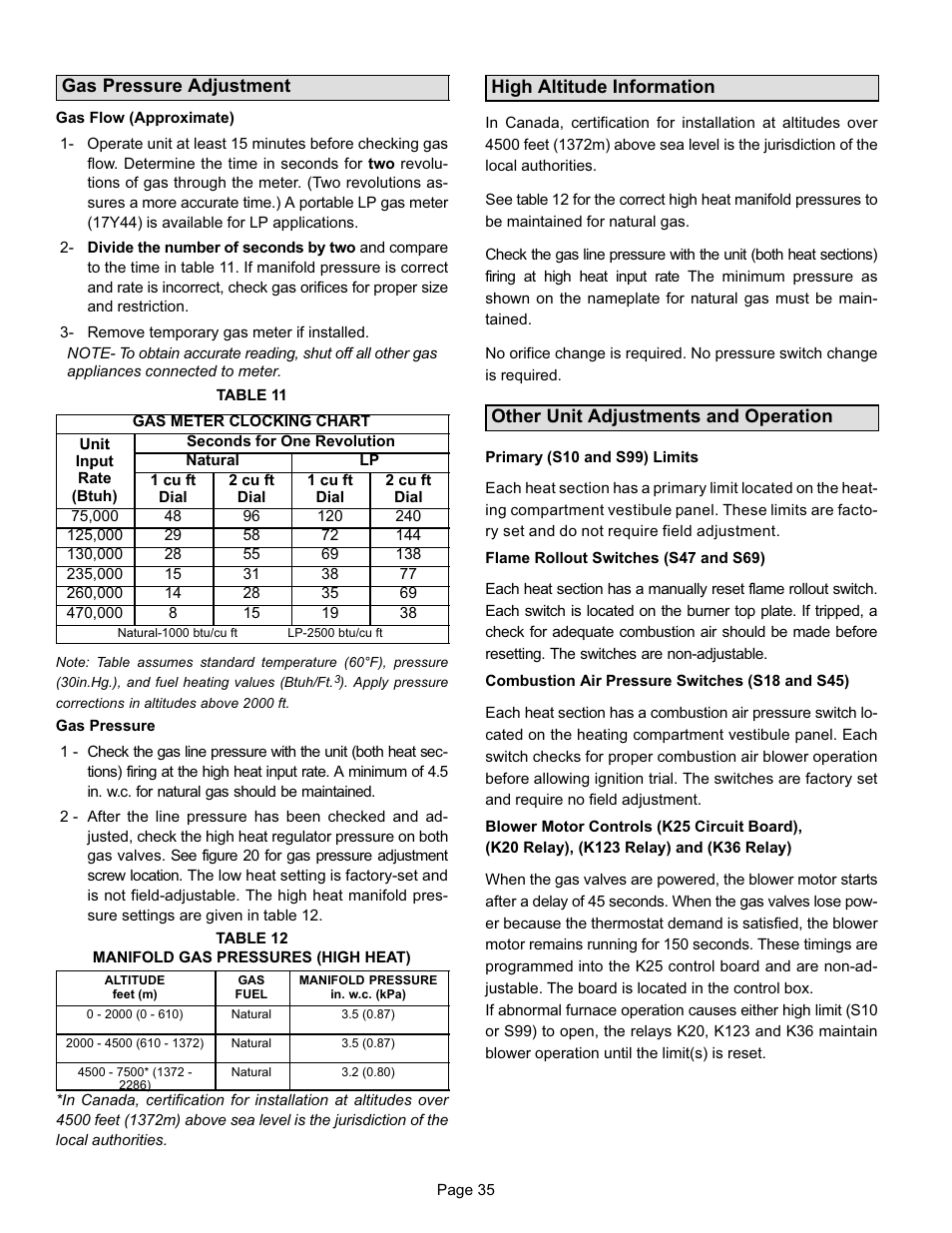 Gas pressure adjustment, High altitude information, Other unit adjustments and operation | Lennox International Inc. G24-200 User Manual | Page 35 / 44