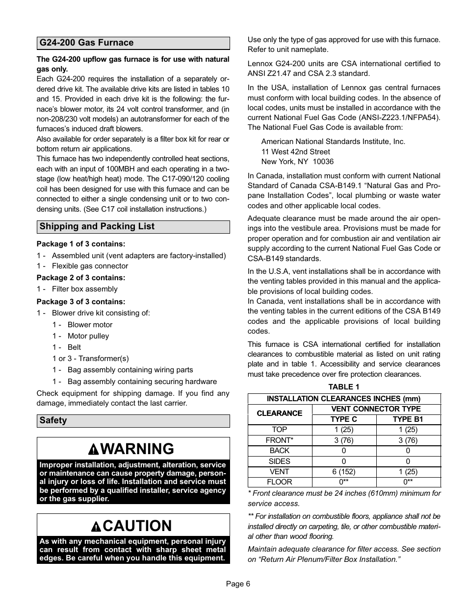 Warning, Caution | Lennox International Inc. G24-200 User Manual | Page 6 / 44