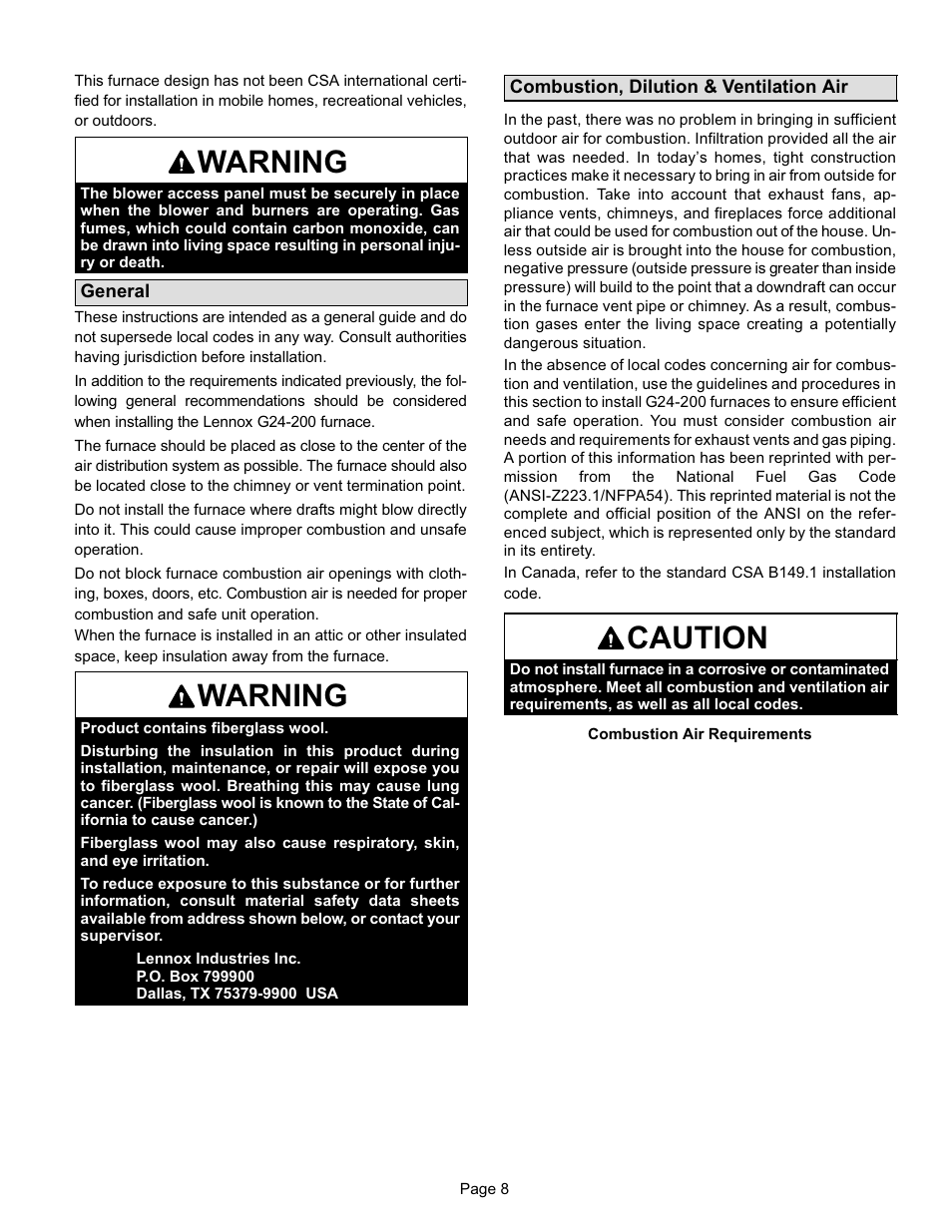 Warning, Caution | Lennox International Inc. G24-200 User Manual | Page 8 / 44