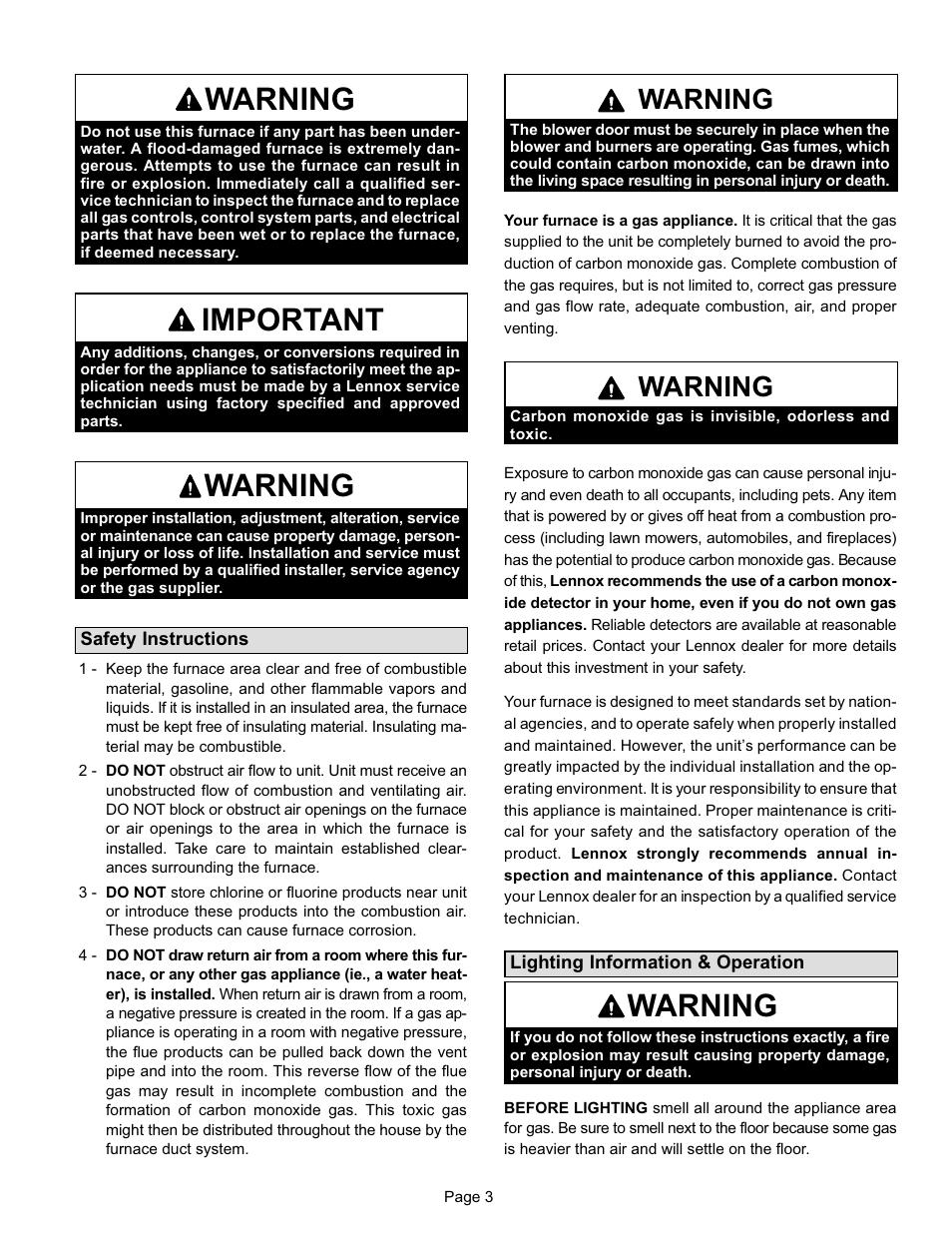 Warning, Important | Lennox International Inc. G50UHi User Manual | Page 3 / 7