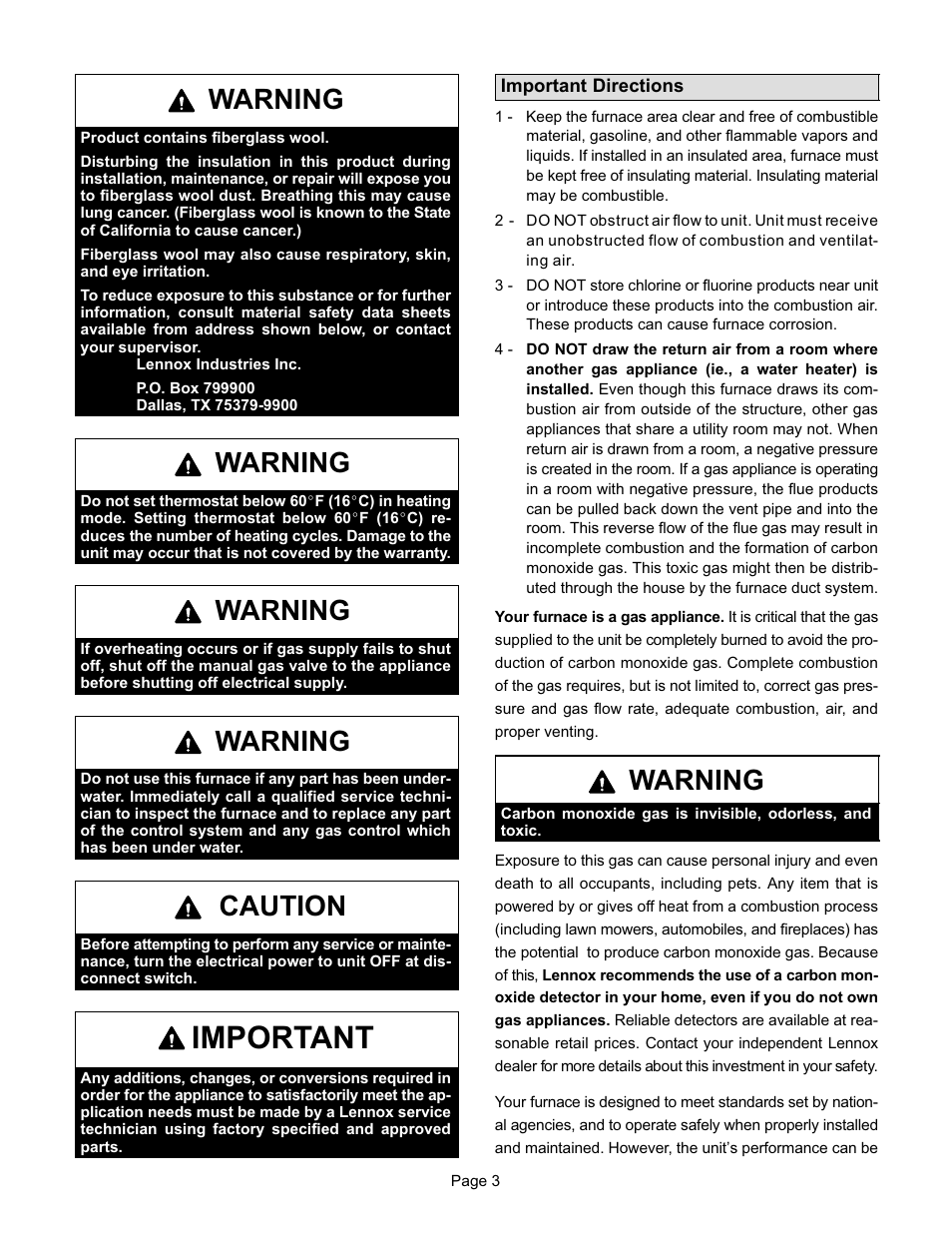 Important, Warning, Caution | Lennox International Inc. G32 SERIES User Manual | Page 3 / 6
