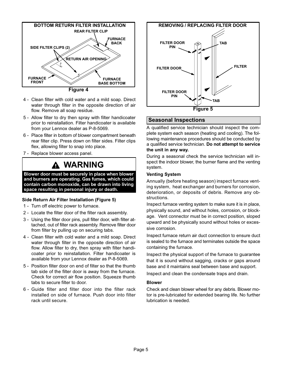 Warning, Seasonal inspections | Lennox International Inc. G32 SERIES User Manual | Page 5 / 6