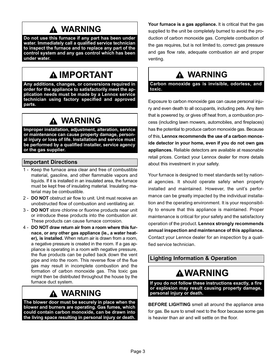 Important, Warning | Lennox International Inc. G60UH(X) User Manual | Page 3 / 6