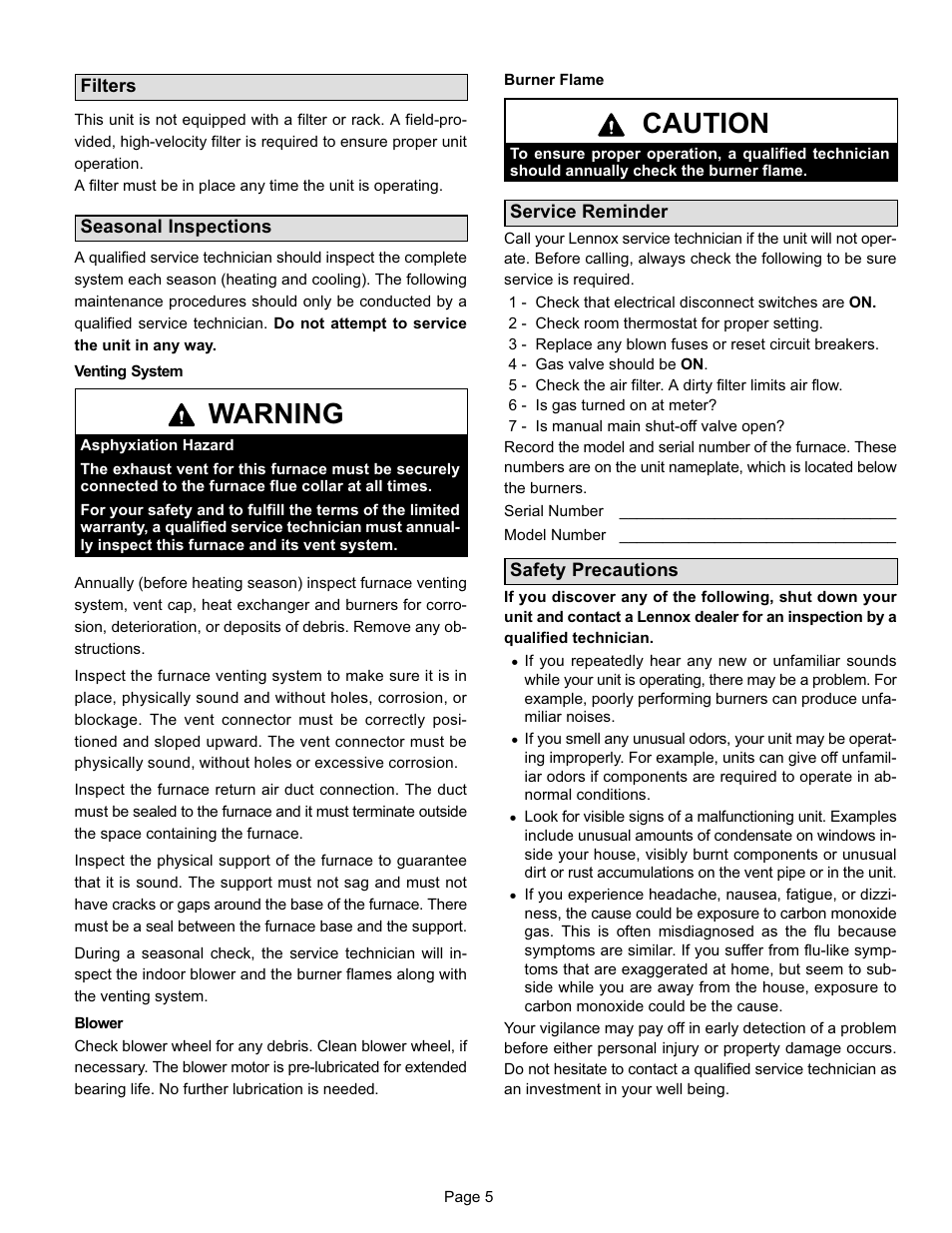 Warning, Caution | Lennox International Inc. G60UH(X) User Manual | Page 5 / 6