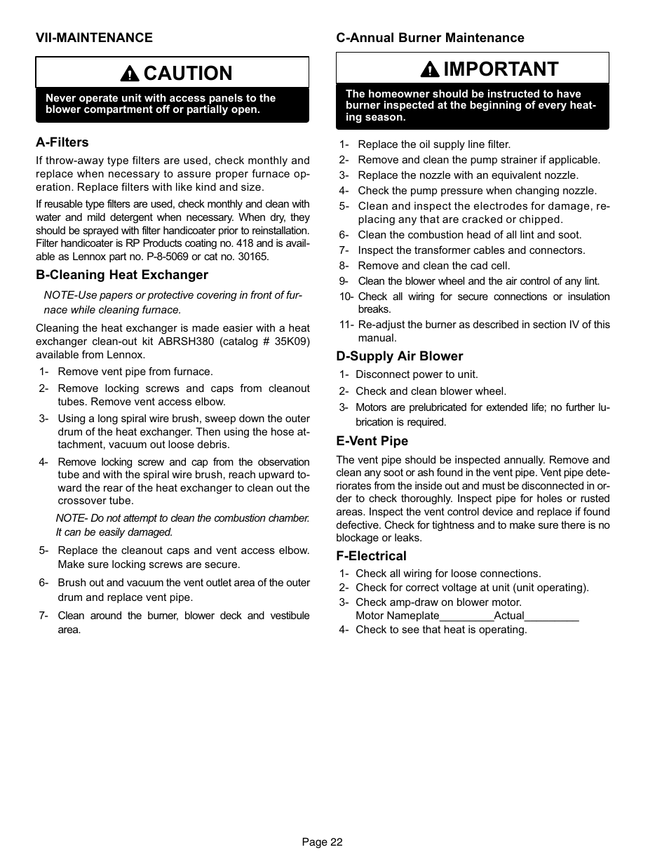 Maintenance, Caution, Important | Lennox International Inc. o23v User Manual | Page 22 / 30