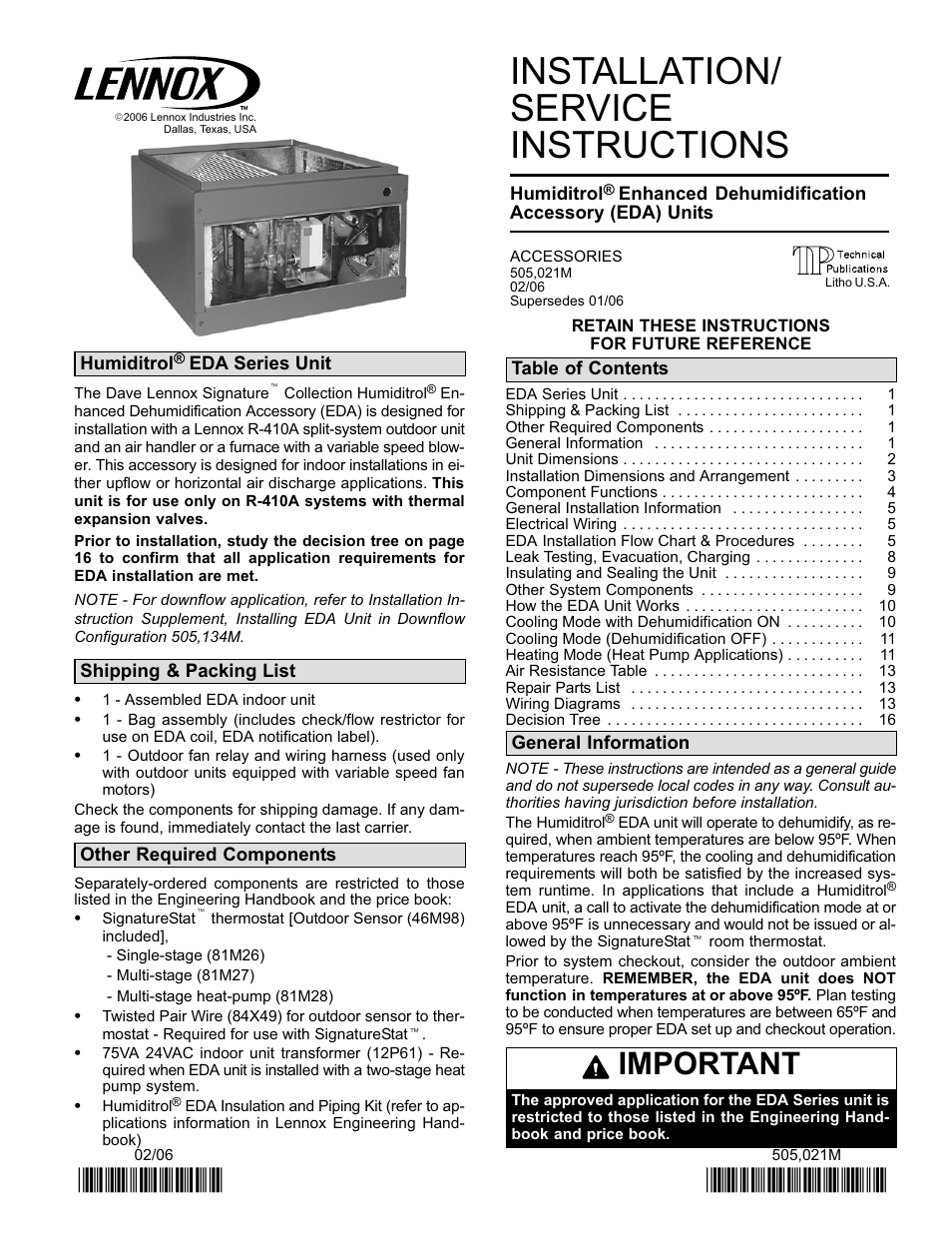 Lennox International Inc. 505 User Manual | 16 pages