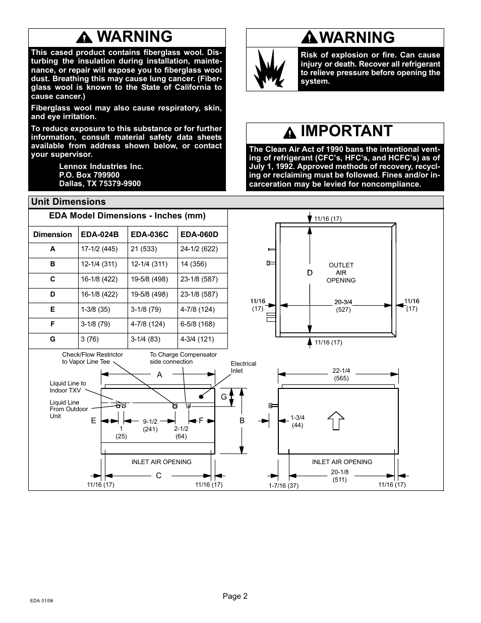 Warning, Important, Unit dimensions | Lennox International Inc. 505 User Manual | Page 2 / 16