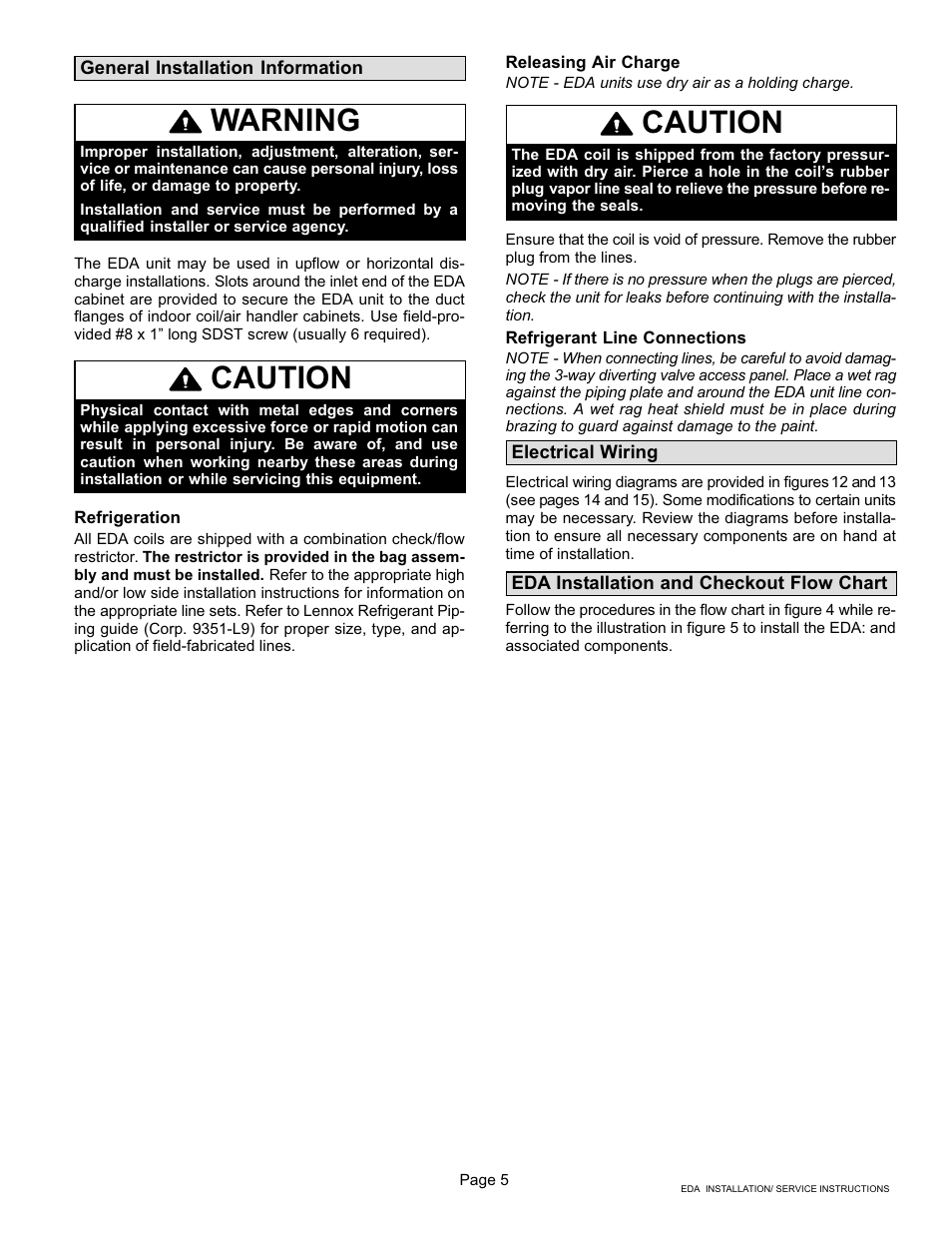 Warning, Caution | Lennox International Inc. 505 User Manual | Page 5 / 16