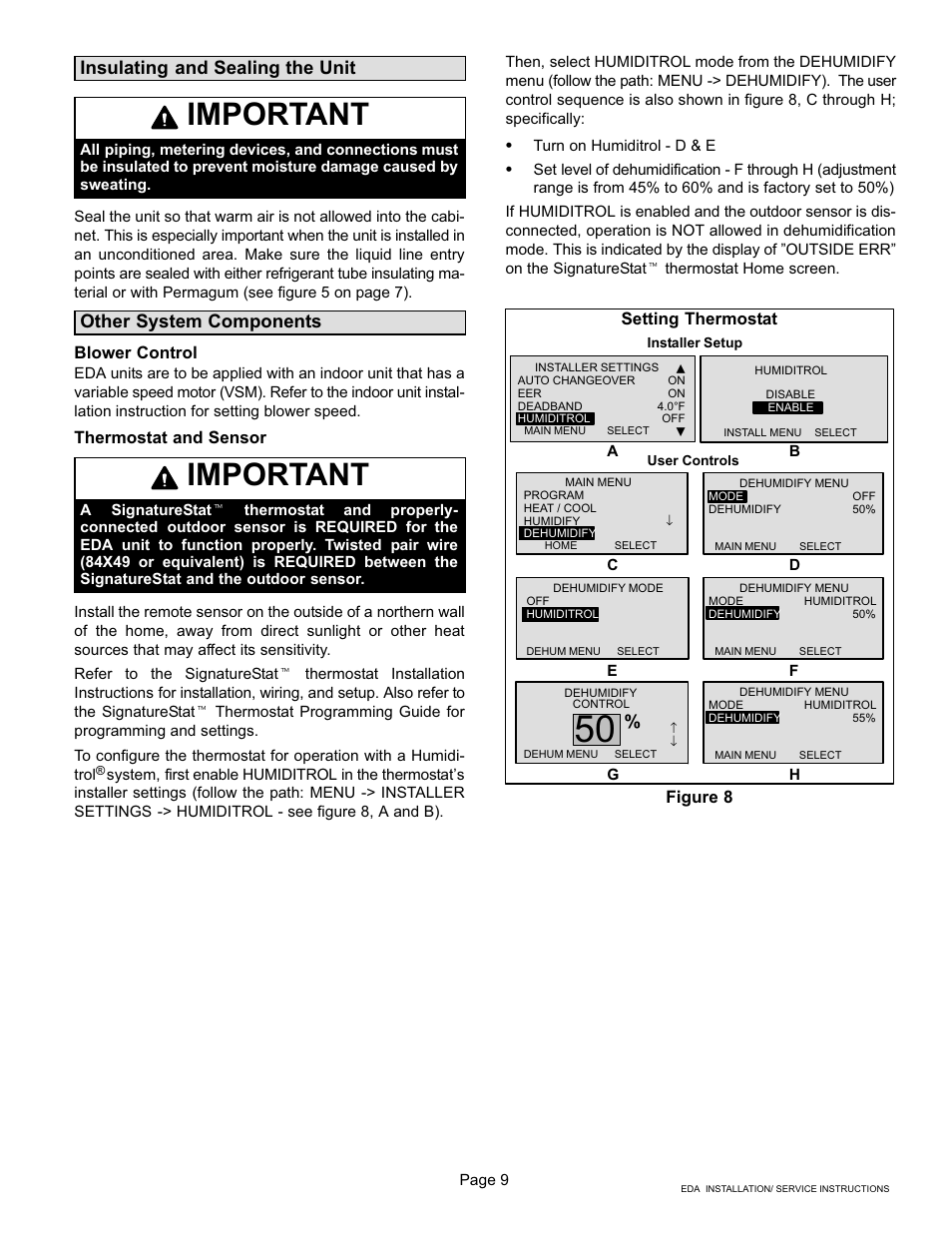 Figure 8, Important, Insulating and sealing the unit | Other system components, Blower control, Thermostat and sensor, Figure 8 setting thermostat | Lennox International Inc. 505 User Manual | Page 9 / 16