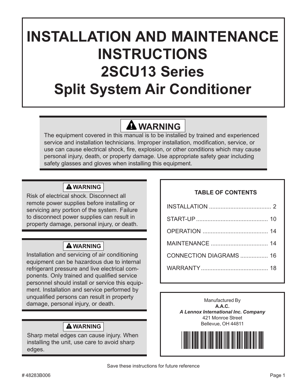 Lennox International Inc. 2SCU13 User Manual | 18 pages