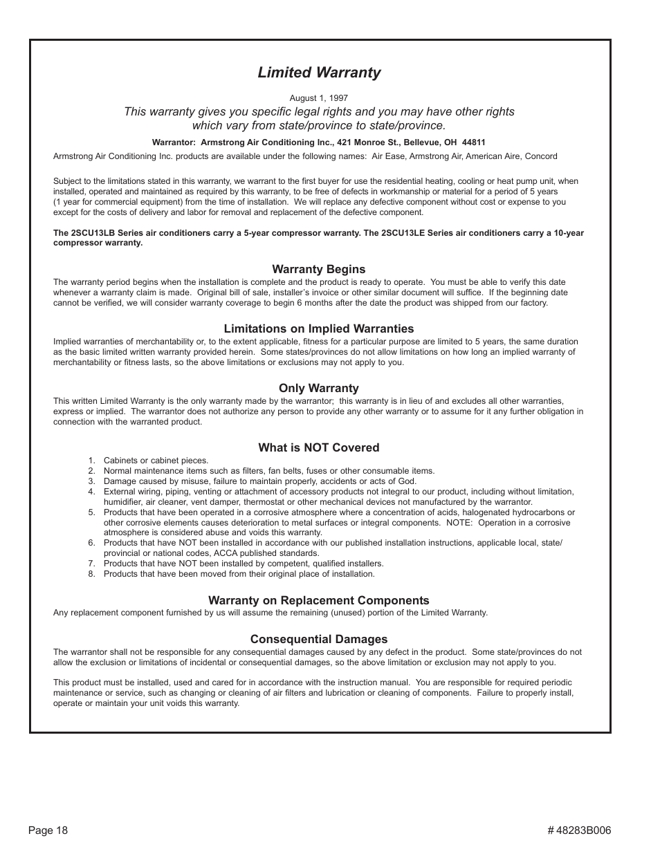 Limited warranty | Lennox International Inc. 2SCU13 User Manual | Page 18 / 18