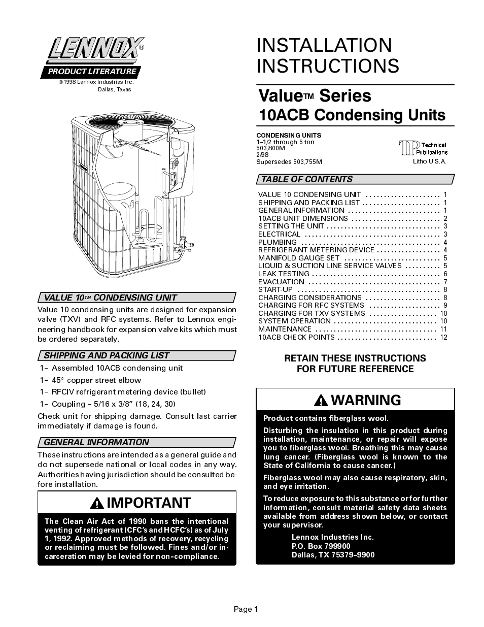 Lennox International Inc. 10ACB User Manual | 12 pages