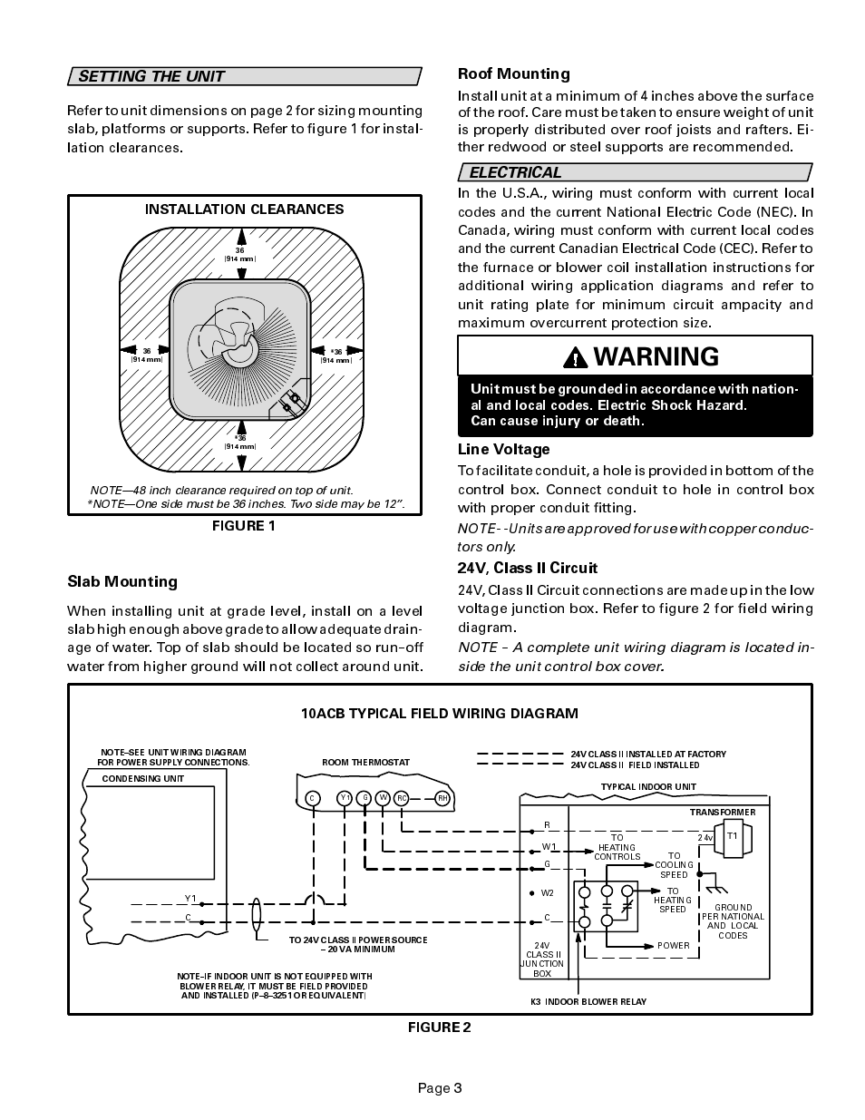 Warning, Setting the unit, Slab mounting | Roof mounting, Electrical, Line voltage, 24v, class ii circuit, 3djh, Figure 2, 10acb typical field wiring diagram | Lennox International Inc. 10ACB User Manual | Page 3 / 12