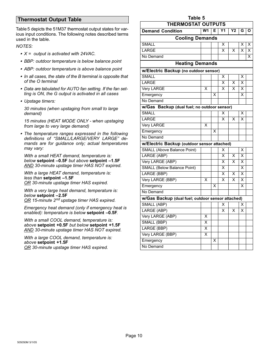 Thermostat output table | Lennox International Inc. 51M37 User Manual | Page 10 / 54