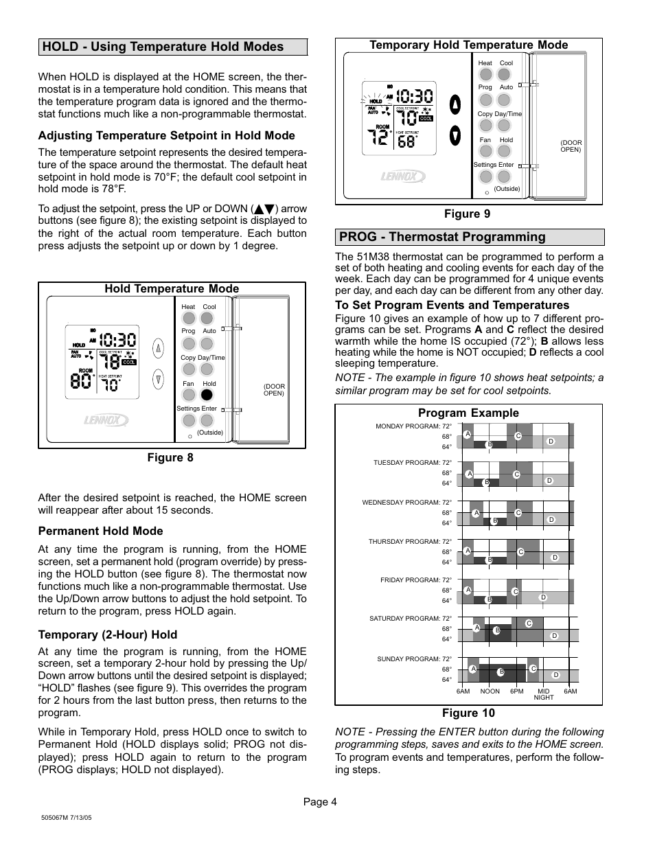 I0:30, Hold − using temperature hold modes, Prog − thermostat programming | Adjusting temperature setpoint in hold mode, Hold temperature mode figure 8, Permanent hold mode, Temporary (2-hour) hold, Temporary hold temperature mode figure 9, Figure 10 program example | Lennox International Inc. 51M37 User Manual | Page 50 / 54