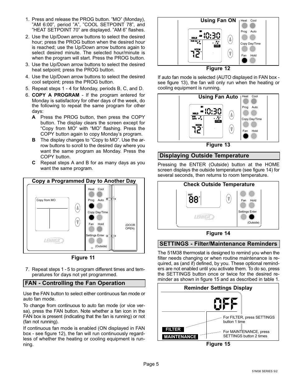 I0:30, Fan − controlling the fan operation, Displaying outside temperature | Settings − filter/maintenance reminders | Lennox International Inc. 51M37 User Manual | Page 51 / 54