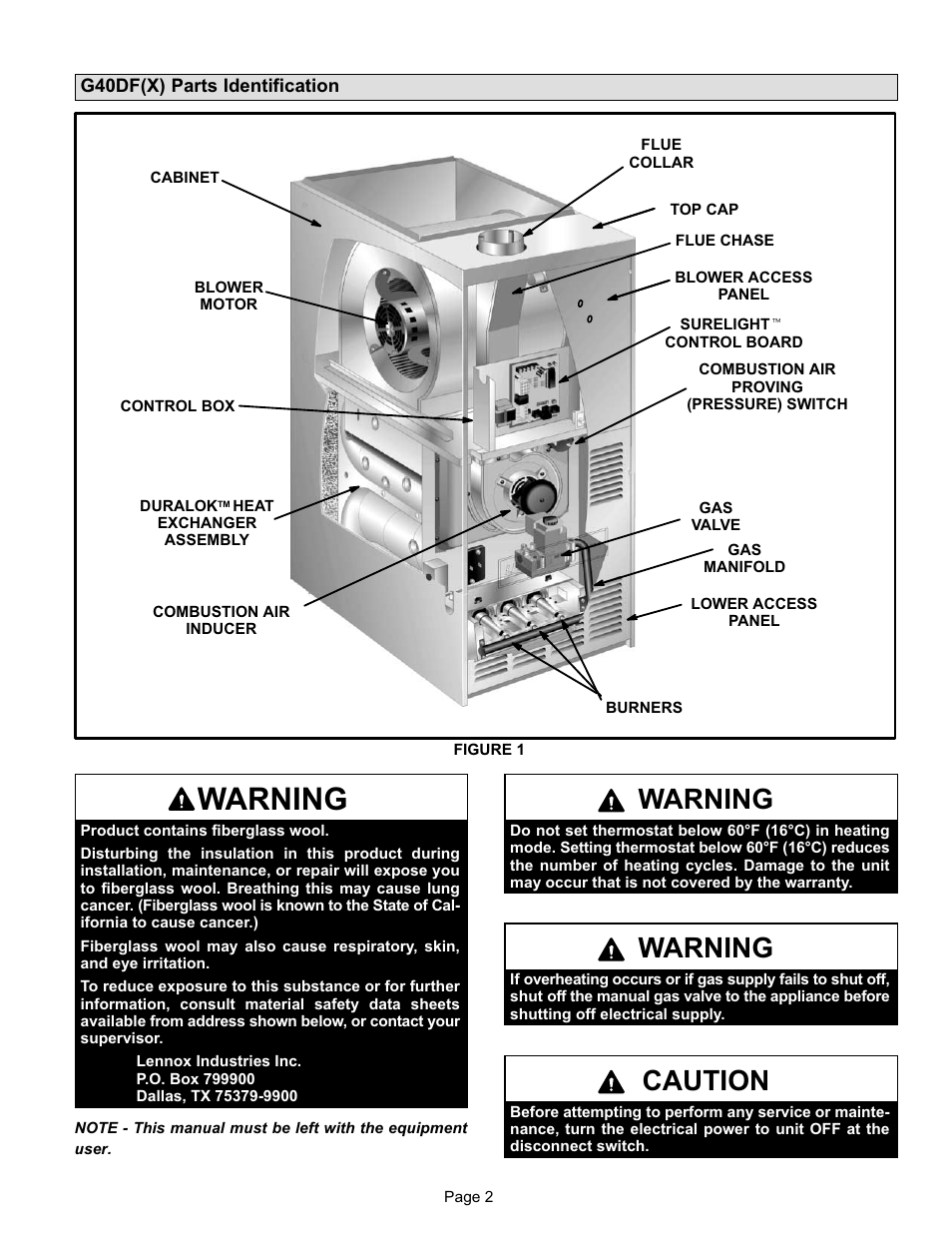 Warning, Caution | Lennox International Inc. G40DF(X) SERIES User Manual | Page 2 / 6