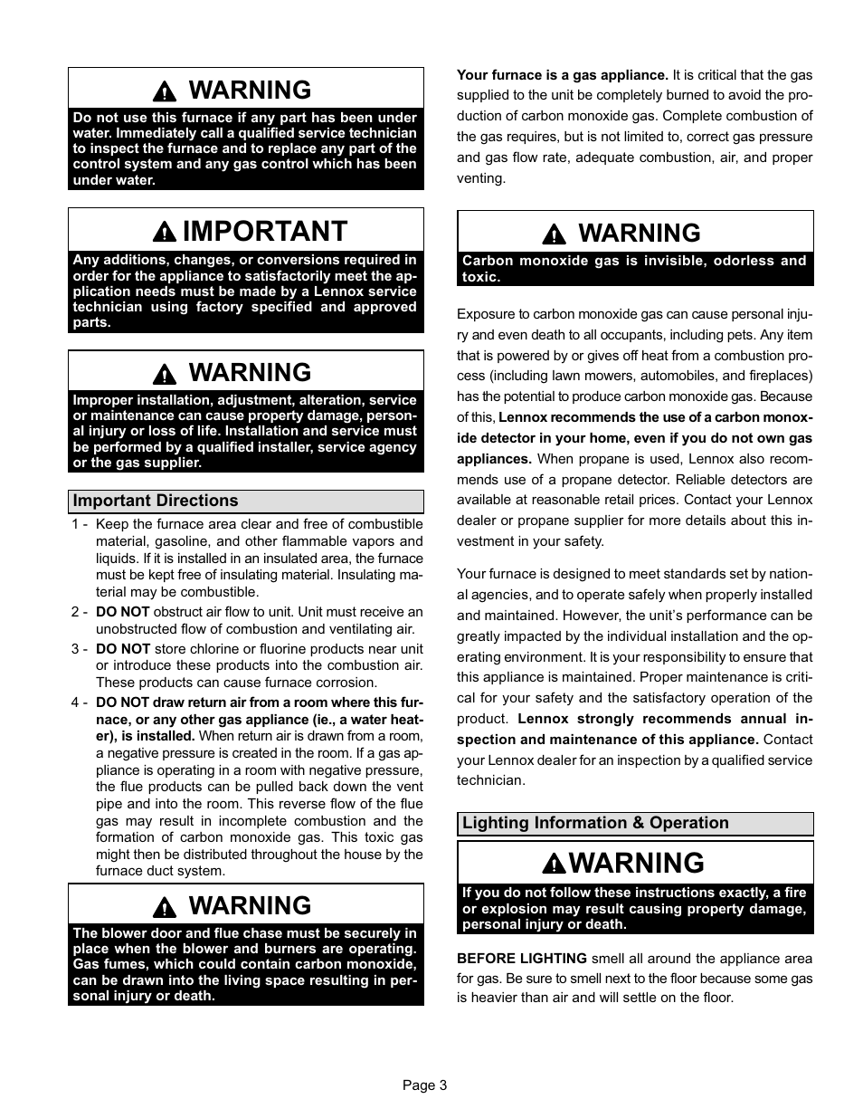 Important, Warning | Lennox International Inc. G40DF(X) SERIES User Manual | Page 3 / 6