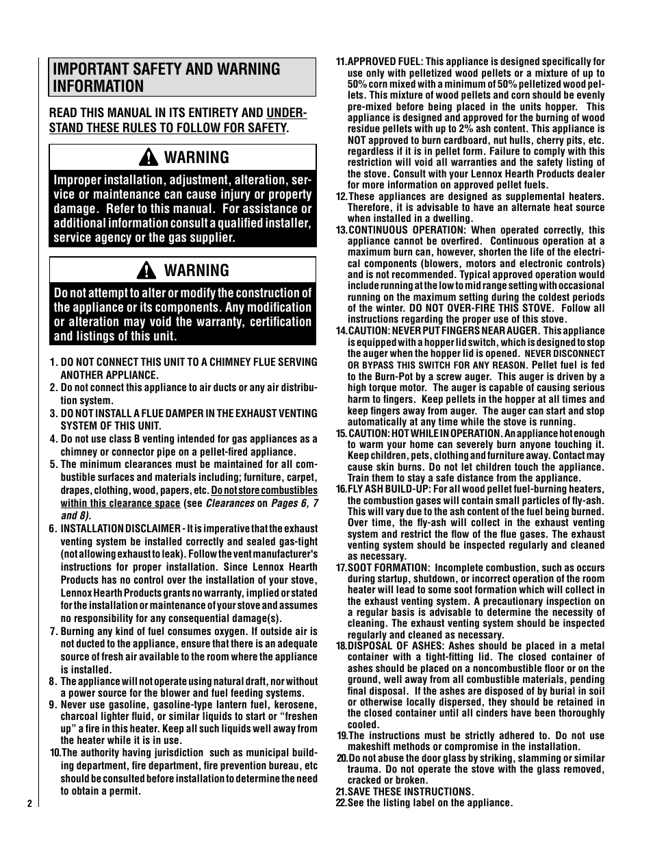 Important safety and warning information, Warning | Lennox International Inc. WINSLOW PS40 User Manual | Page 2 / 32