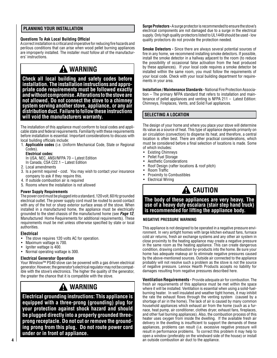 Warning, Caution | Lennox International Inc. WINSLOW PS40 User Manual | Page 4 / 32