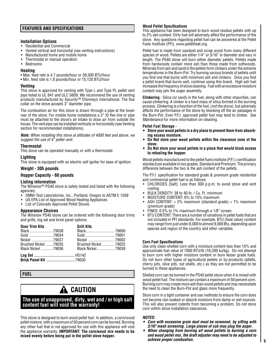Caution | Lennox International Inc. WINSLOW PS40 User Manual | Page 5 / 32