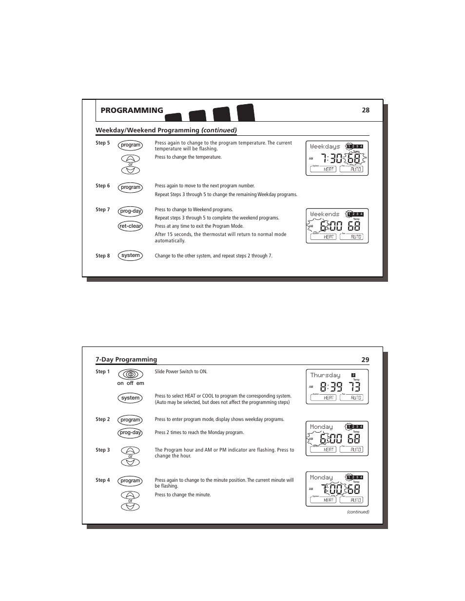 Programming, Weekdays, Monday | Thursday, Weekends, Weekday/weekend programming (continued), Day programming | Lennox International Inc. 43558 User Manual | Page 15 / 31