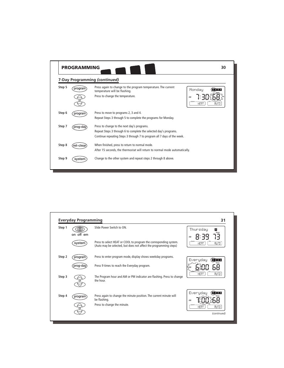 Programming, Monday, Everyday | Thursday, Day programming (continued), Everyday programming | Lennox International Inc. 43558 User Manual | Page 16 / 31