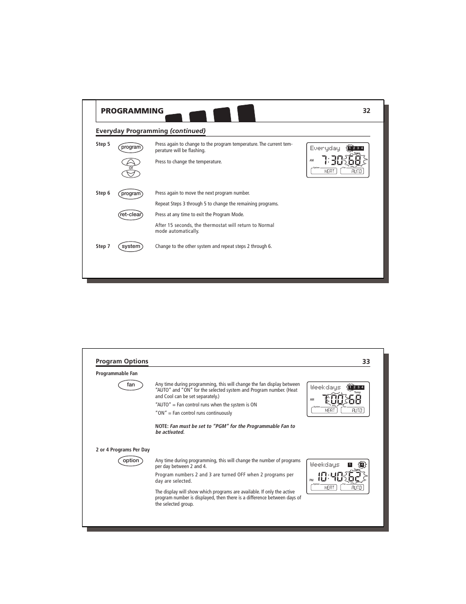 Programming, Everyday, Weekdays | Everyday programming (continued), Program options | Lennox International Inc. 43558 User Manual | Page 17 / 31