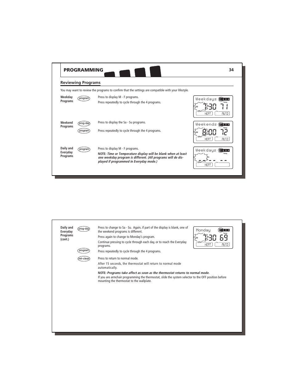 Programming, Weekdays, Weekends | Monday, Reviewing programs | Lennox International Inc. 43558 User Manual | Page 18 / 31