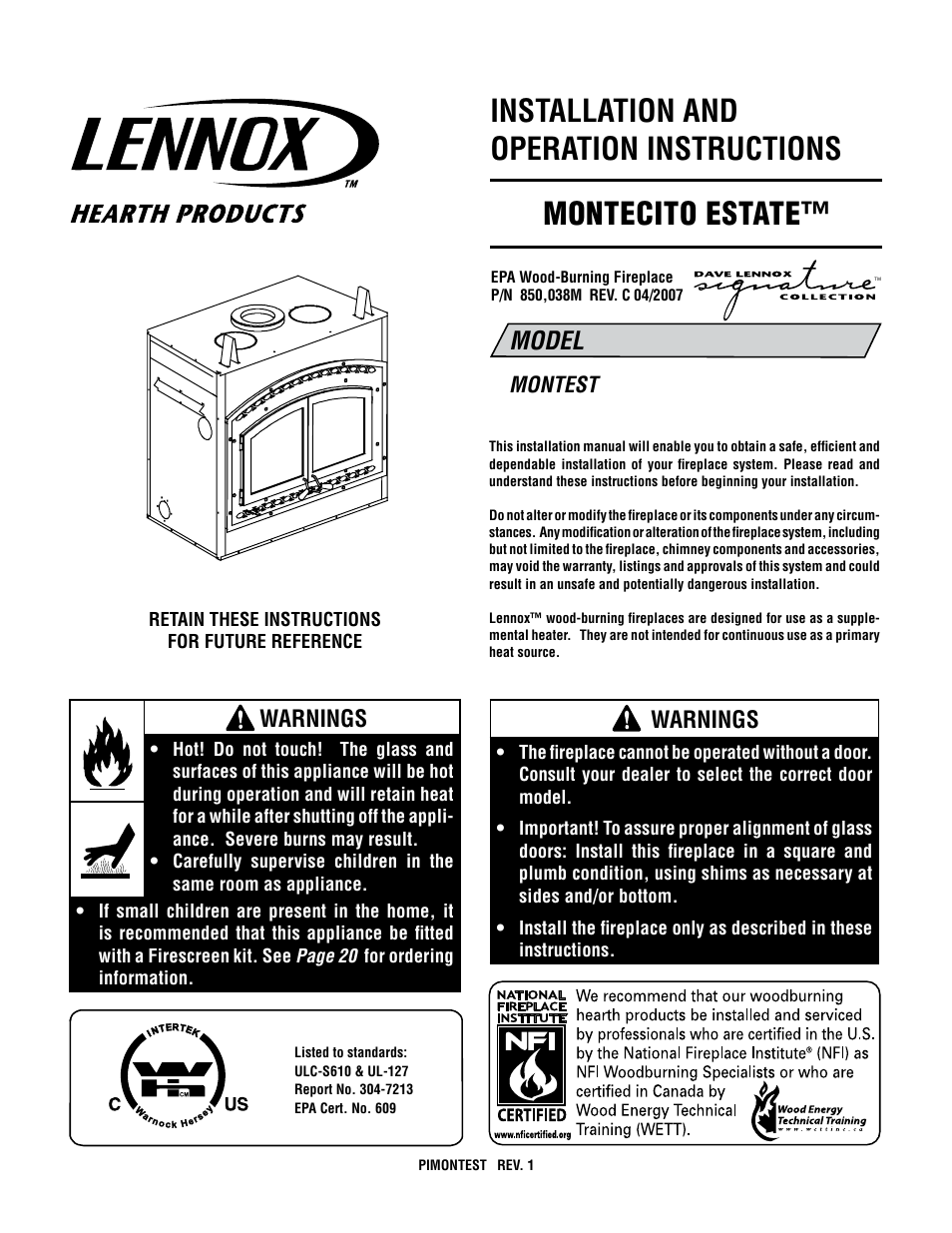 Lennox International Inc. MONTECITO ESTATE MONTEST User Manual | 24 pages