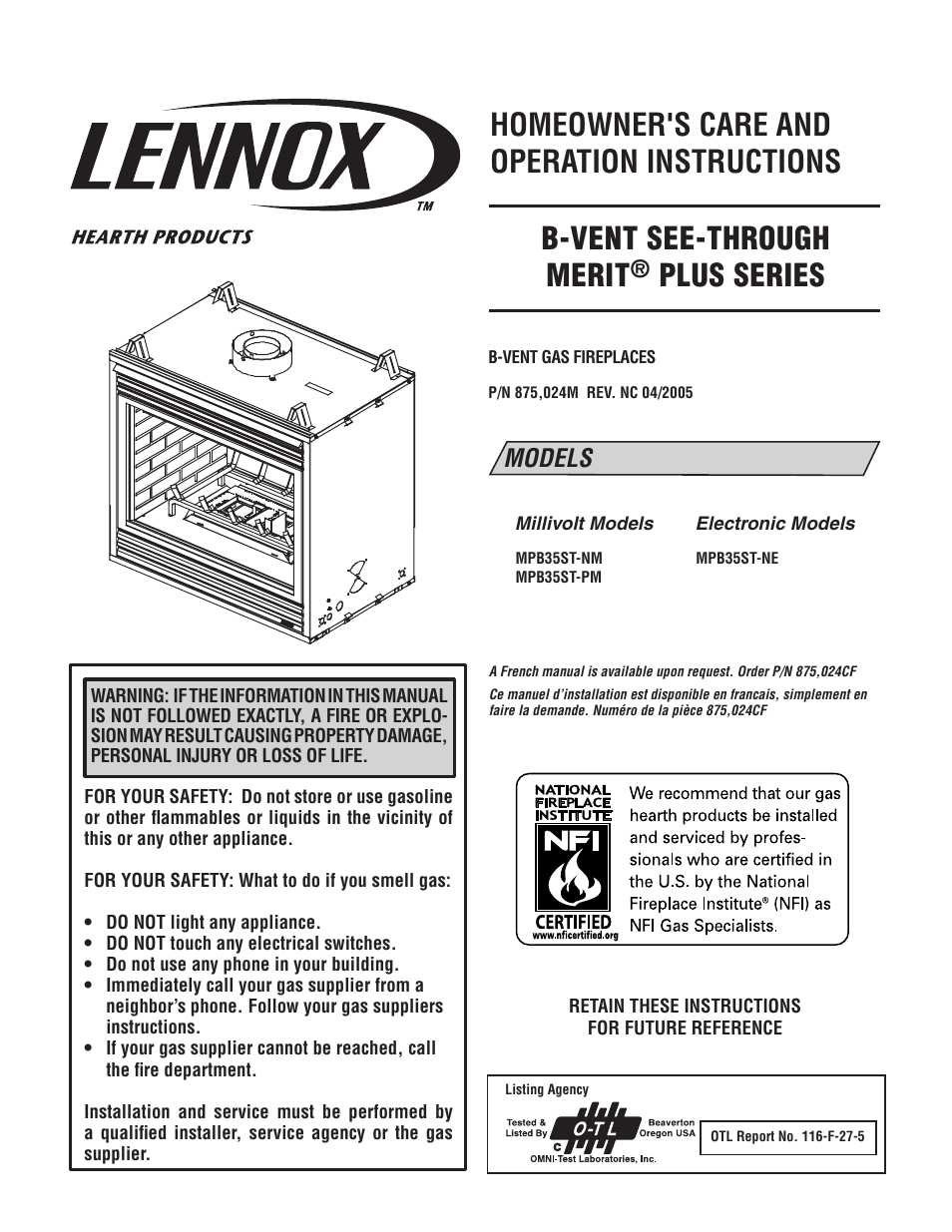 Lennox International Inc. MPB35ST-NM User Manual | 20 pages