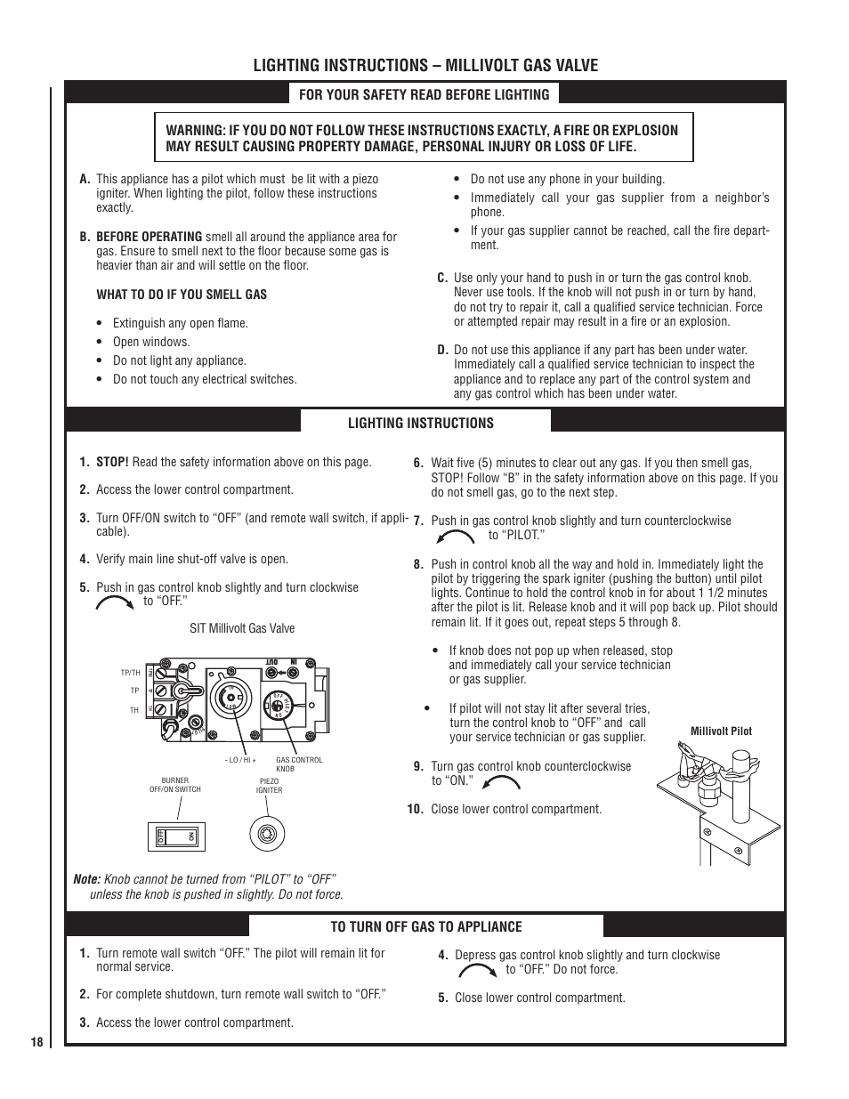 Lighting instructions – millivolt gas valve, Lighting instructions | Lennox International Inc. MPB35ST-NM User Manual | Page 18 / 20