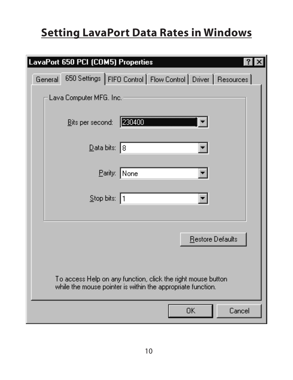 Setting lavaport data rates in windows | Lava Computer 650 User Manual | Page 10 / 20