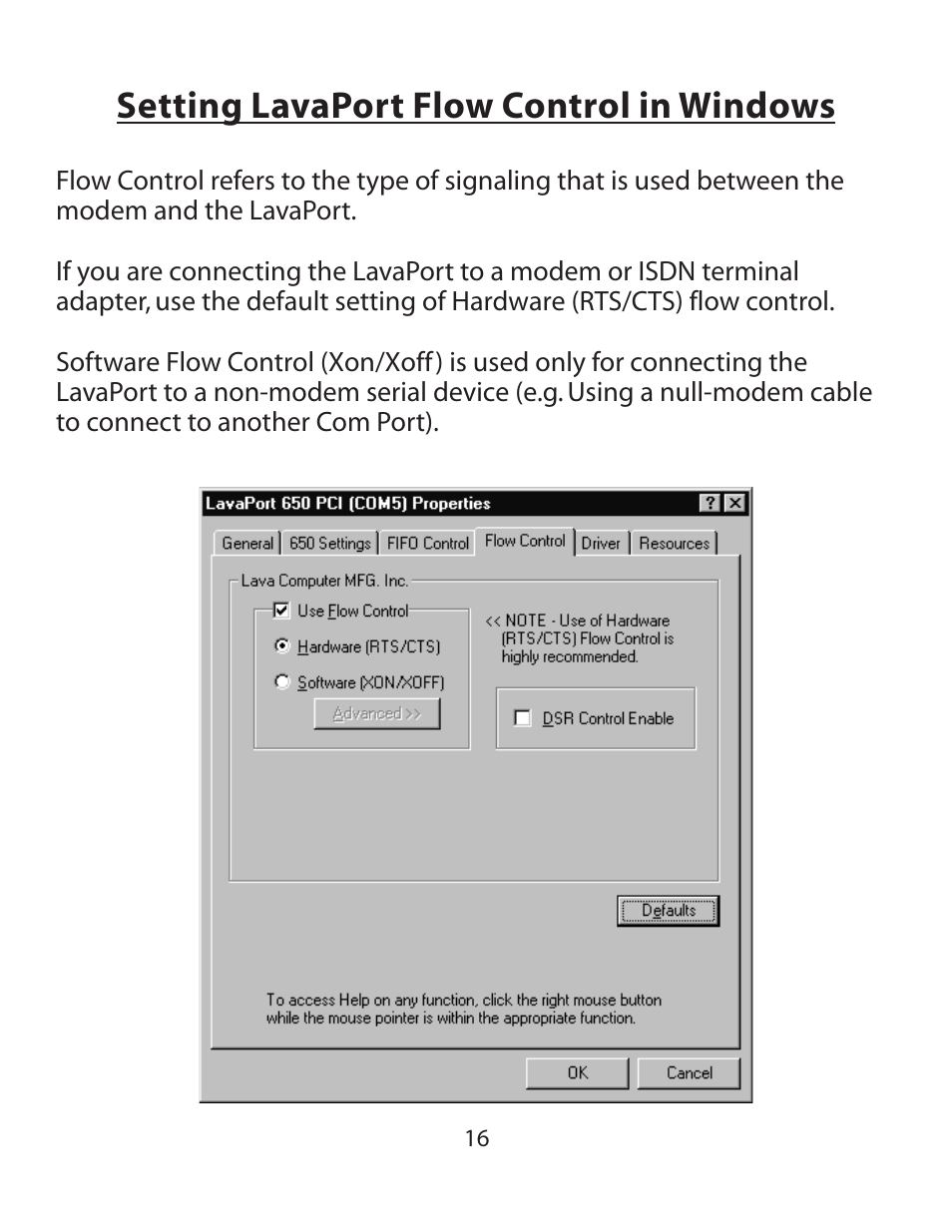 Setting lavaport flow control in windows | Lava Computer 650 User Manual | Page 16 / 20
