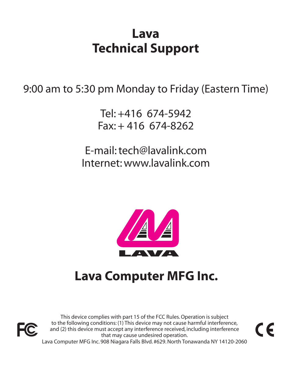 Lava computer mfg inc. lava technical support | Lava Computer 650 User Manual | Page 20 / 20