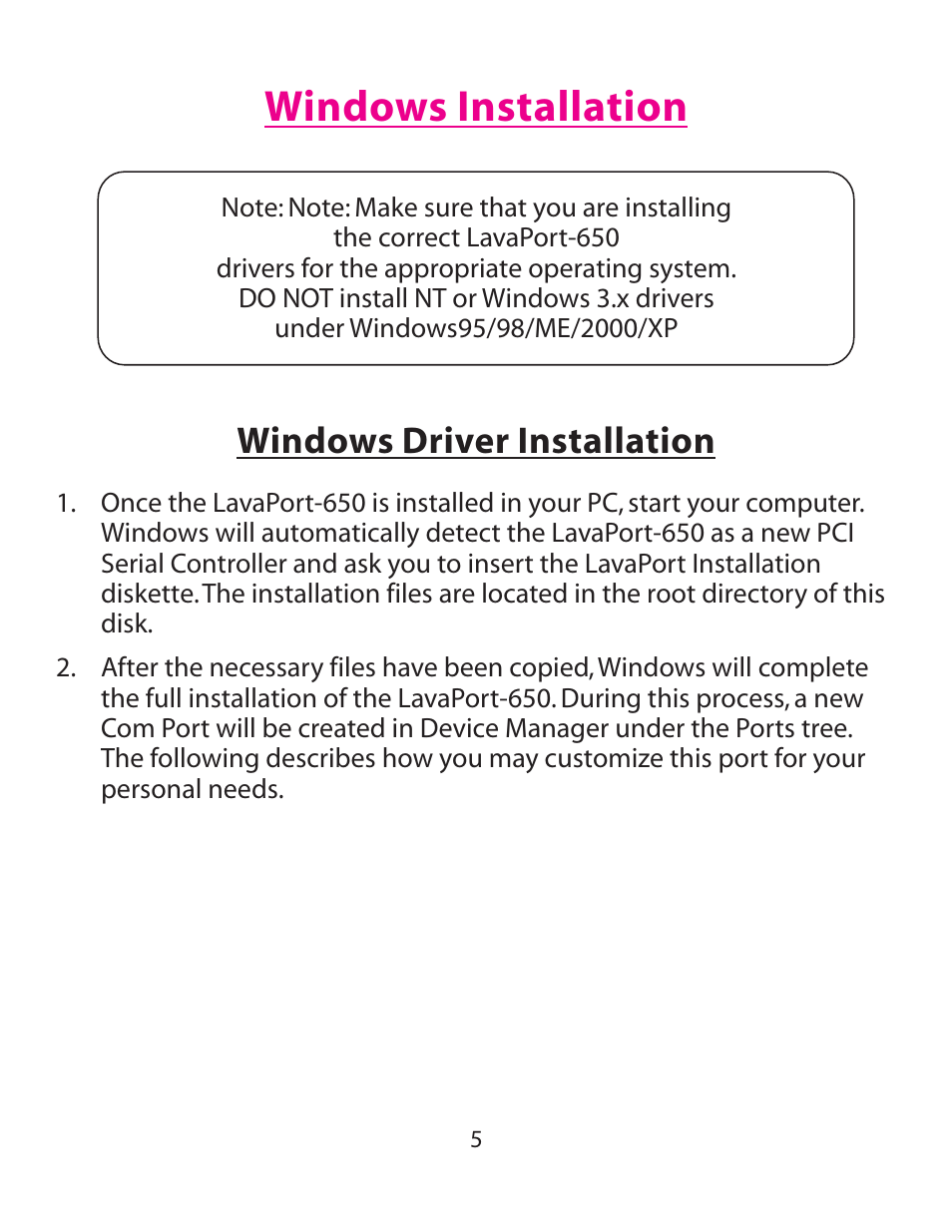 Windows installation, Windows driver installation | Lava Computer 650 User Manual | Page 5 / 20