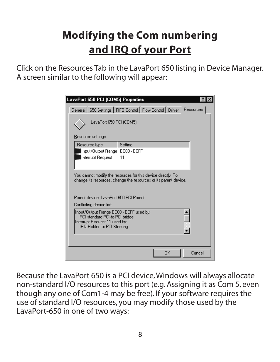 Modifying the com numbering and irq of your port | Lava Computer 650 User Manual | Page 8 / 20