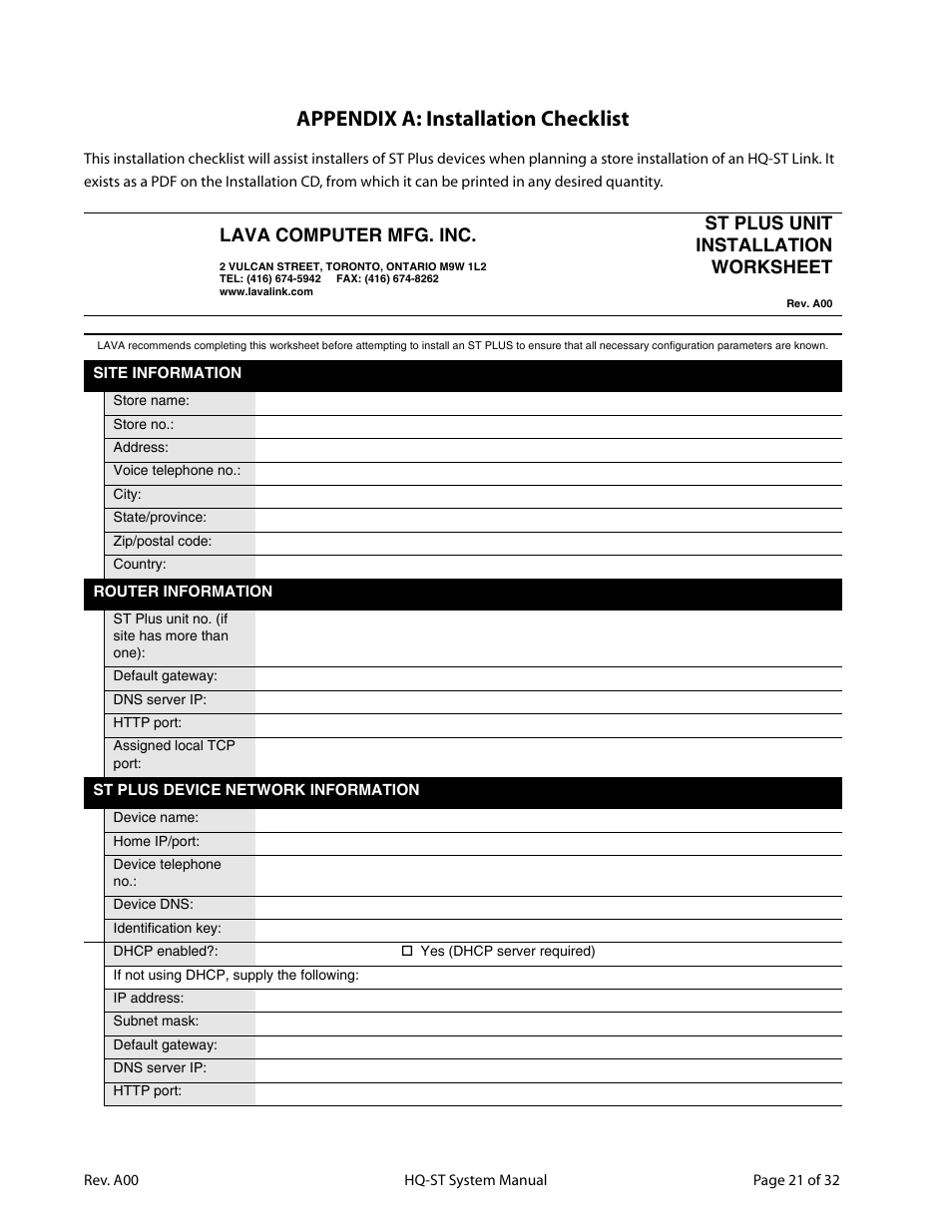 Appendix a: installation checklist, Lava computer mfg. inc, St plus unit installation worksheet | Lava Computer HQ-ST Link User Manual | Page 23 / 34
