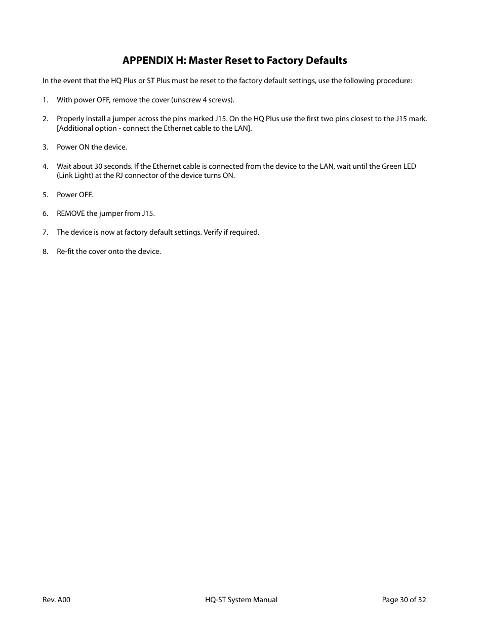 Appendix h: master reset to factory defaults | Lava Computer HQ-ST Link User Manual | Page 32 / 34