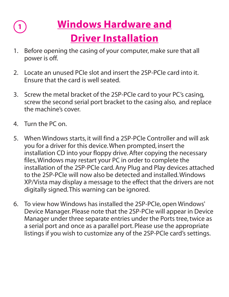 Windows hardware and driver installation | Lava Computer 2SP-550 User Manual | Page 2 / 4