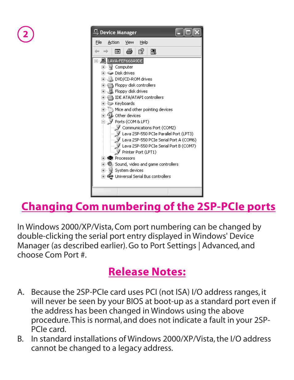 Changing com numbering of the 2sp-pcie ports | Lava Computer 2SP-550 User Manual | Page 3 / 4