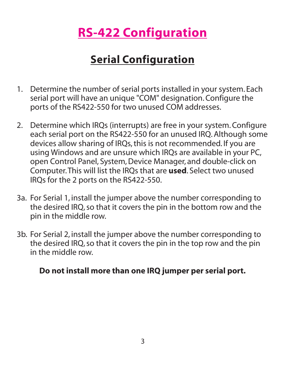 Rs-422 configuration, Serial configuration | Lava Computer RS550 User Manual | Page 3 / 5