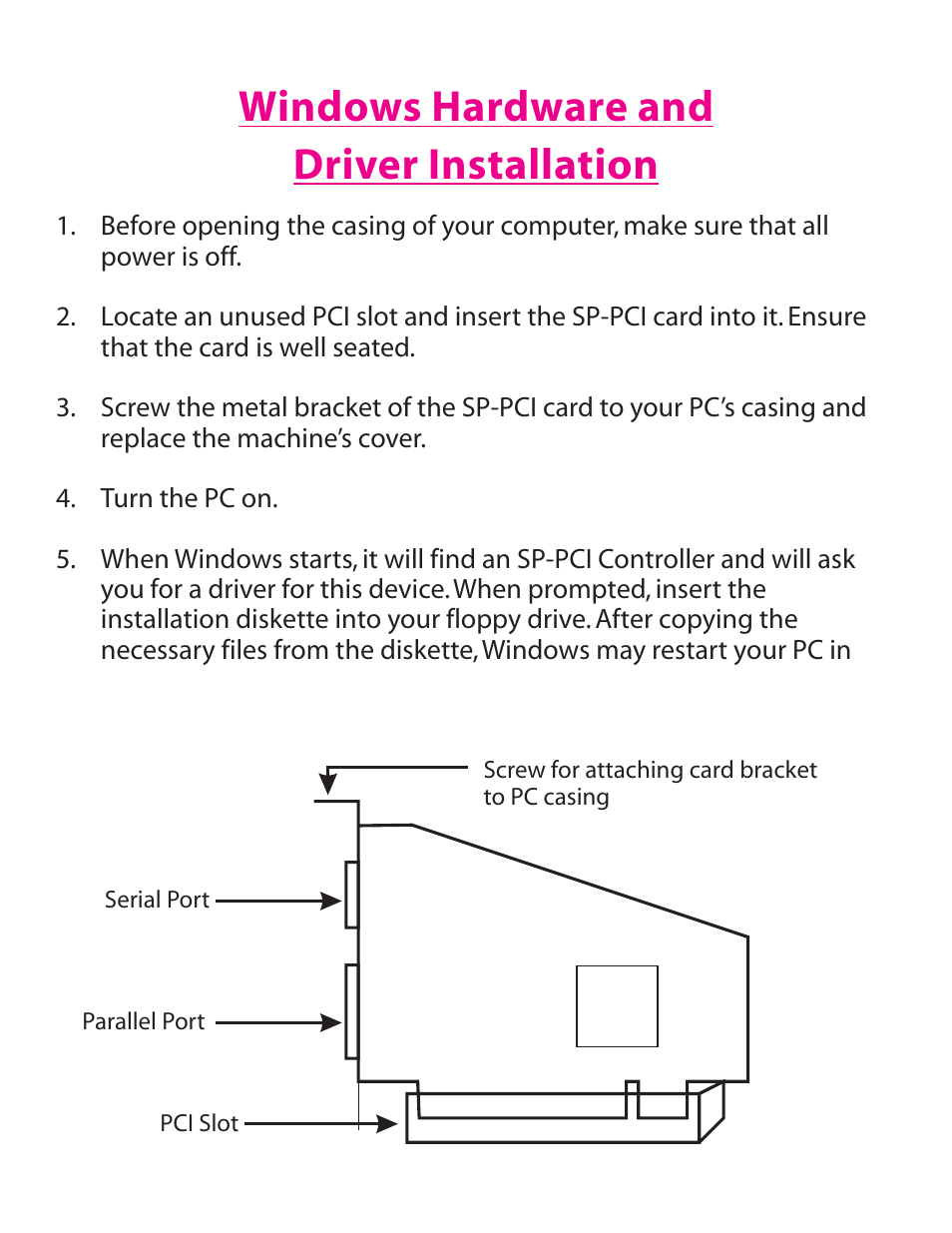 Windows hardware and driver installation | Lava Computer SP-PCI User Manual | Page 2 / 8