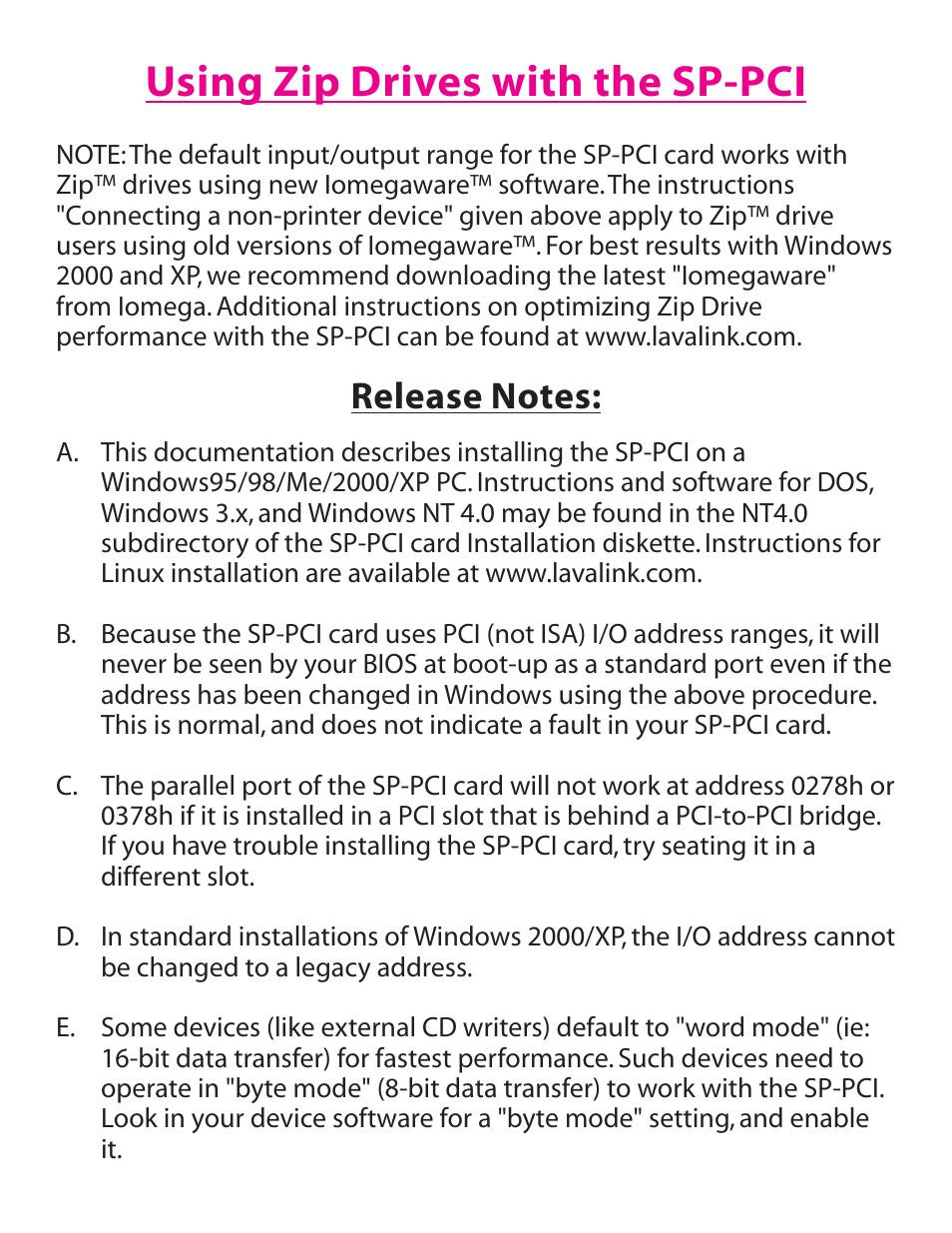 Using zip drives with the sp-pci | Lava Computer SP-PCI User Manual | Page 7 / 8