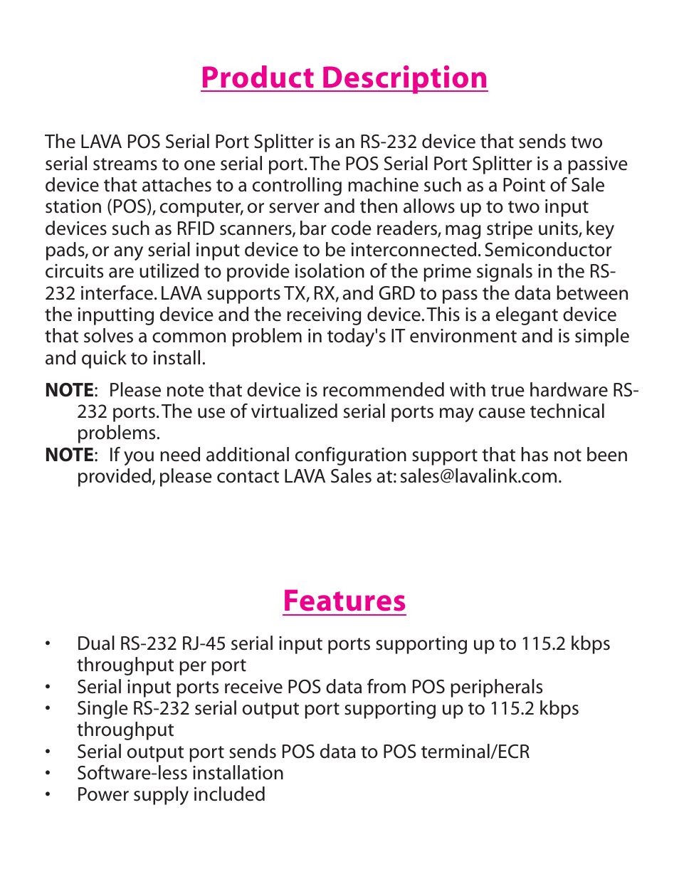 Product description, Features | Lava Computer Serial Port Splitter LAVA POS User Manual | Page 2 / 7