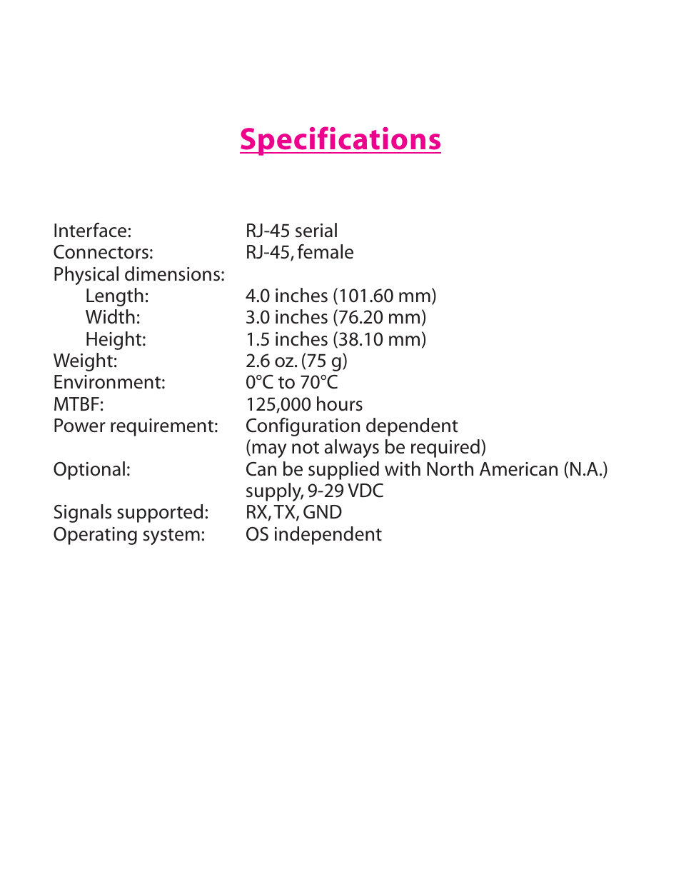 Specifications | Lava Computer Serial Port Splitter LAVA POS User Manual | Page 6 / 7