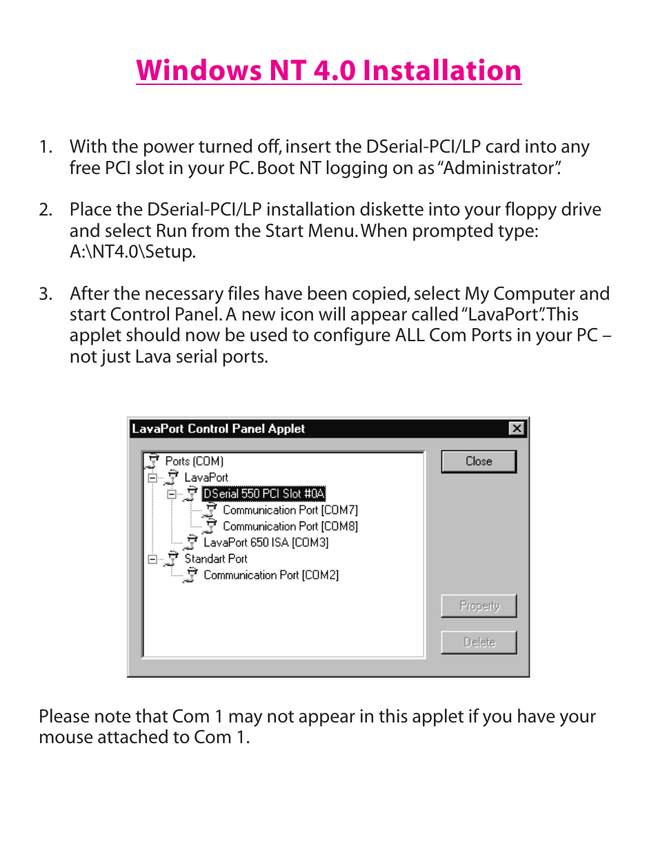 Windows nt 4.0 installation | Lava Computer DSerial-PCI/LP Card User Manual | Page 2 / 8