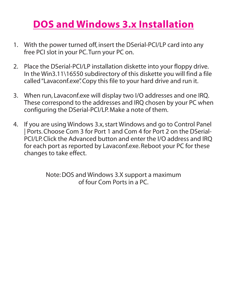 Dos and windows 3.x installation | Lava Computer DSerial-PCI/LP Card User Manual | Page 3 / 8