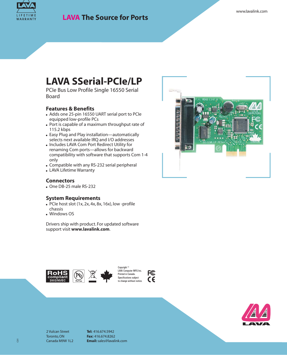 Lava Computer Lava Parallel LAVA SSerial-PCIe/LP User Manual | 1 page