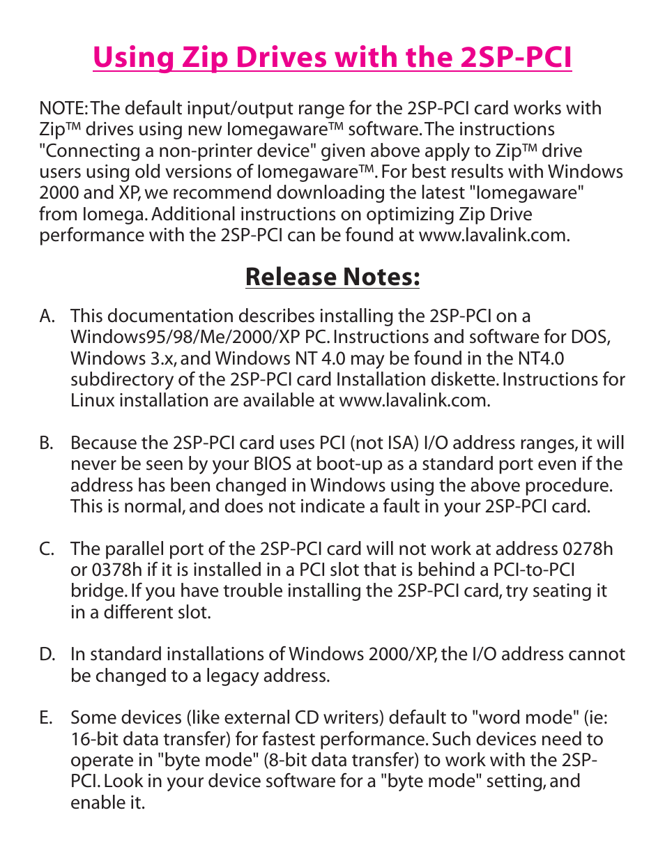 Using zip drives with the 2sp-pci | Lava Computer 2SP-PCI User Manual | Page 7 / 8